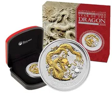 1 Unze Silbermünze Australien Lunar II Drache 2012 teilvergoldet + Box + Zertifikat