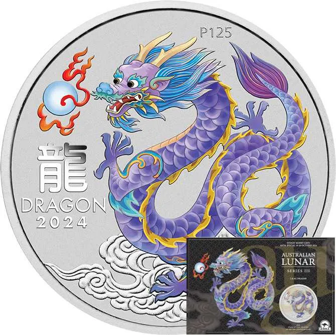 1 Unze Silbermünze Australien Lunar III Drache 2024 ANDA Special lila coloriert - Coincard