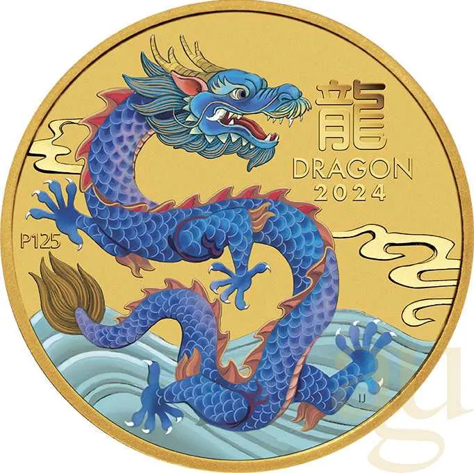1/10 Unze Goldmünze Australien Lunar III Drache 2024 - coloriert