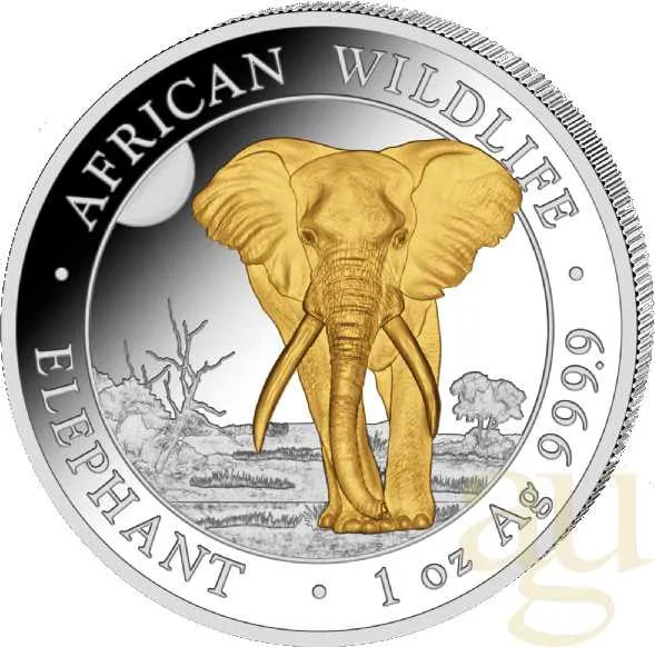 1 Unze Silbermünze Somalia Elefant 2025 - teilvergoldet