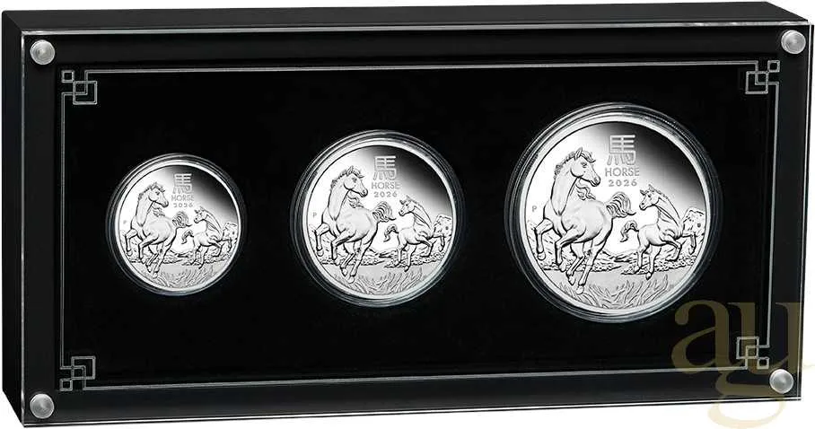 Silbermünze Australien Lunar III Pferd 2026 - polierte Platte - Three Coin Set