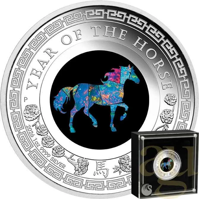 1 Unze Silbermünze Australien Lunar III Opal Pferd 2026 - polierte platte