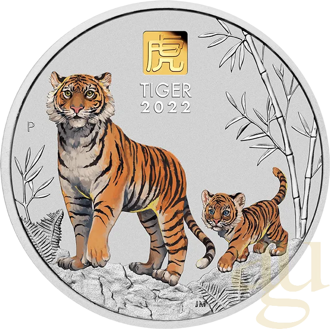 1 Kilogramm Silbermünze Australien Lunar III Tiger 2022 - coloriert mit 1g Gold Privy Mark