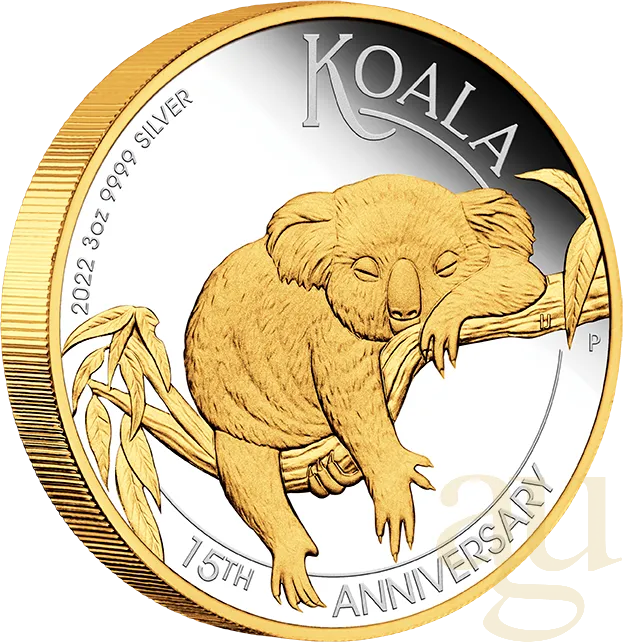 3 Unzen Silbermünze Australien Koala 2022 - 15 Jahre Jubiläum - polierte Platte teilvergoldet