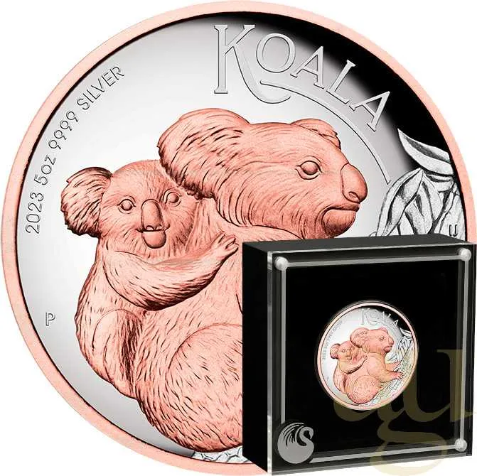 5 Unzen Silbermünze Australien Koala 2023 - High Relief - polierte Platte - rosè vergoldet