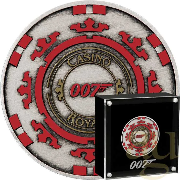 1 Unze Silbermünze Tuvalu James Bond - Casino Royale Chip 2023 - Antik Finish - coloriert