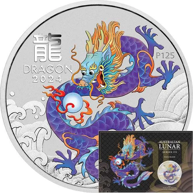 1 Unze Silbermünze Australien Lunar III Drache 2024 violett coloriert - Coincard