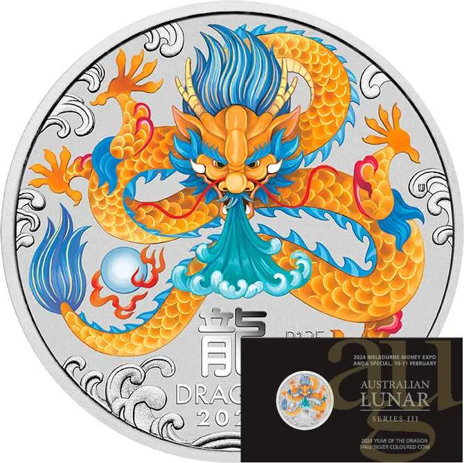 1/4 Unze Silbermünze Australien Lunar III Drache 2024 ANDA Special - coloriert