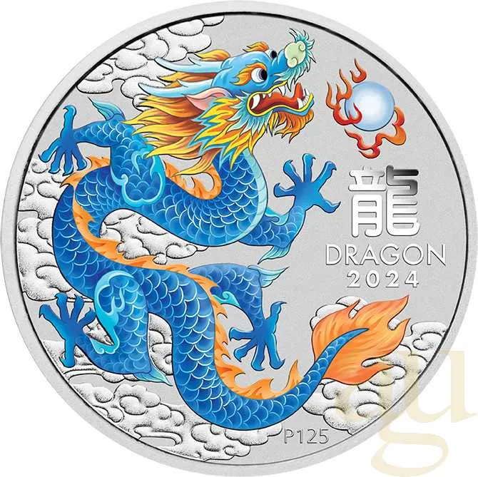 1 Unze Silbermünze Australien Lunar III Drache 2024 blau coloriert