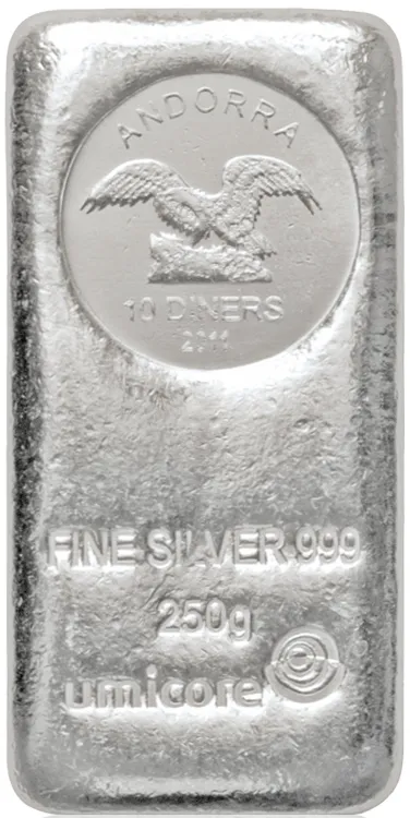 250 Gramm Silber Umicore Andorra Münzbarren