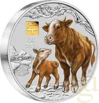 1 Kilogramm Silbermünze Australien Lunar III Ochse 2021- coloriert mit 1g Gold Privy Mark