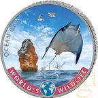 1 Unze Silbermünze Kongo World´s Wildlife - Rochen 2023 - coloriert
